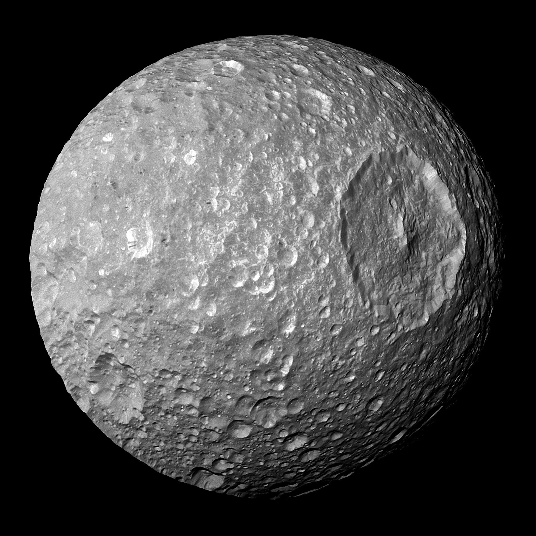 Saturn's moon Mimas, with the crater Herschel visible prominently