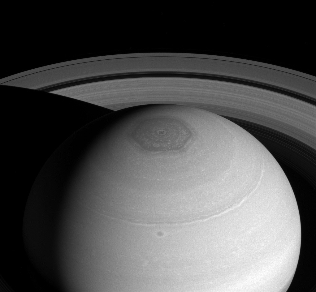 Saturn - North polar hexagon and vortex as well as rings (April 2, 2014)
